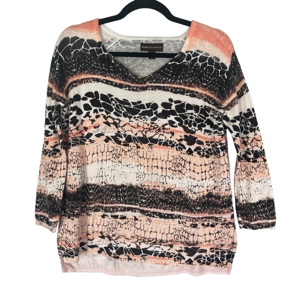 Dana buchman animal print V neck cotton blend tunic sweater